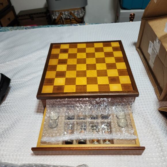VINTAGE WOOD & METAL CHESS & CHECKER SET CASE DRAWER STORAGE SET - Picture 7 of 7